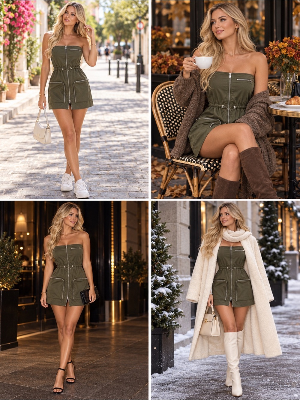 Zara Olive Strapless Zip-Pocket Utility Mini Dress Cargo Size Small